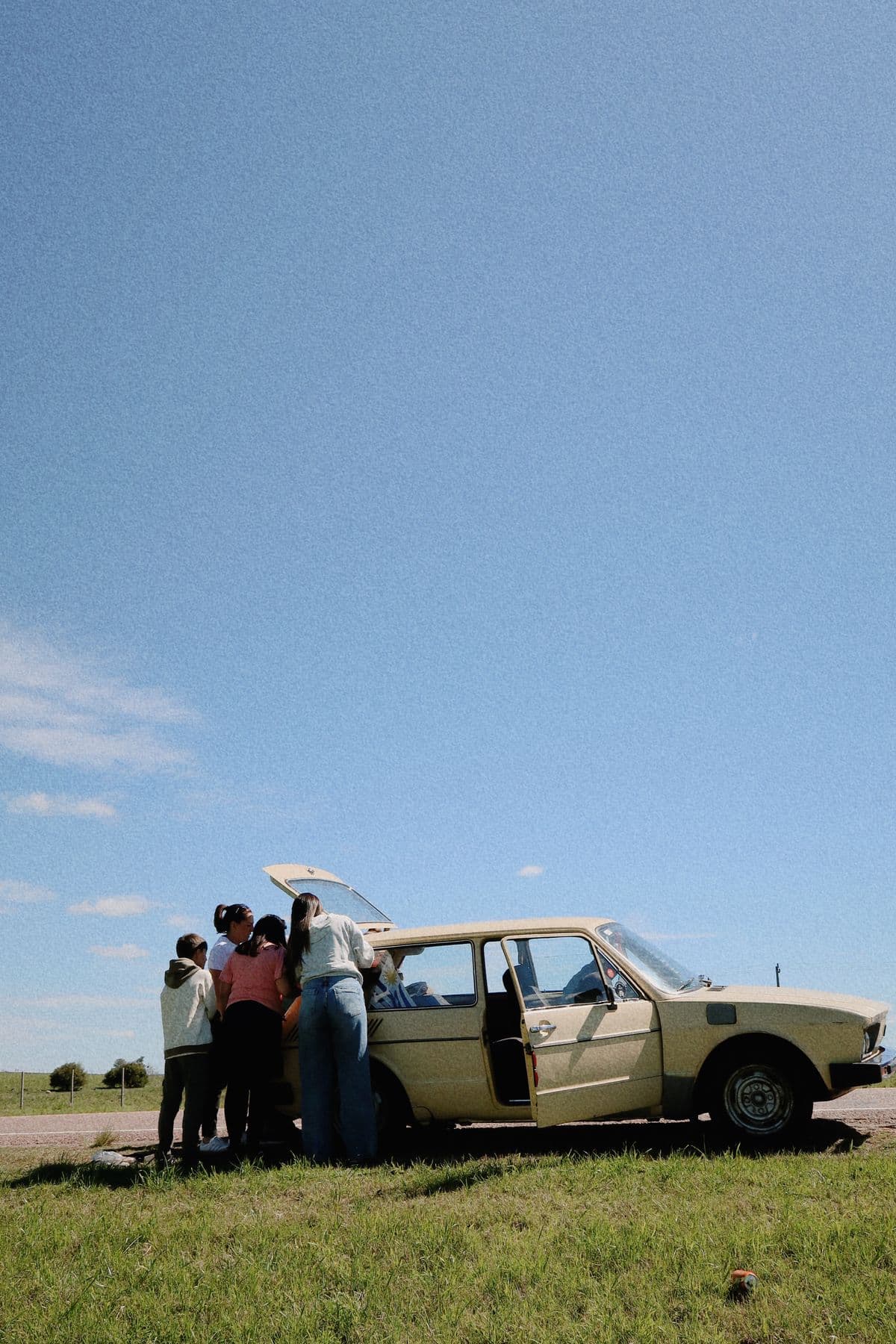 Un grupo junto a un auto con las puertas abiertas, parado al costado de la ruta en el campo